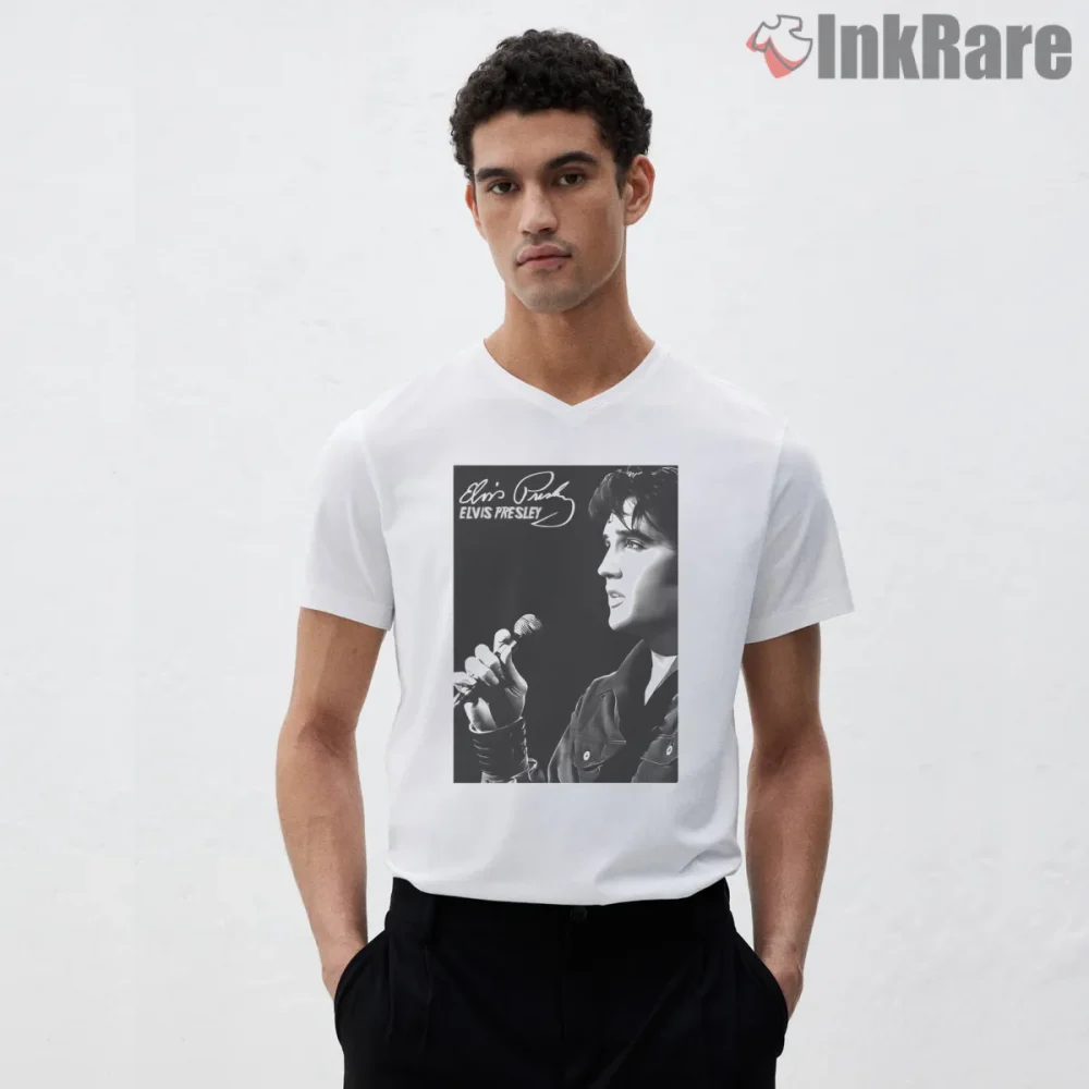 Elvis Presley Classic Live Performance Shirt on white v-neck shirt for men graphic tee