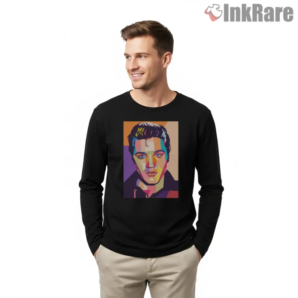 Elvis Presley Color Block Pop Art Portrait Shirt on black long sleeve shirt for men graphic tee
