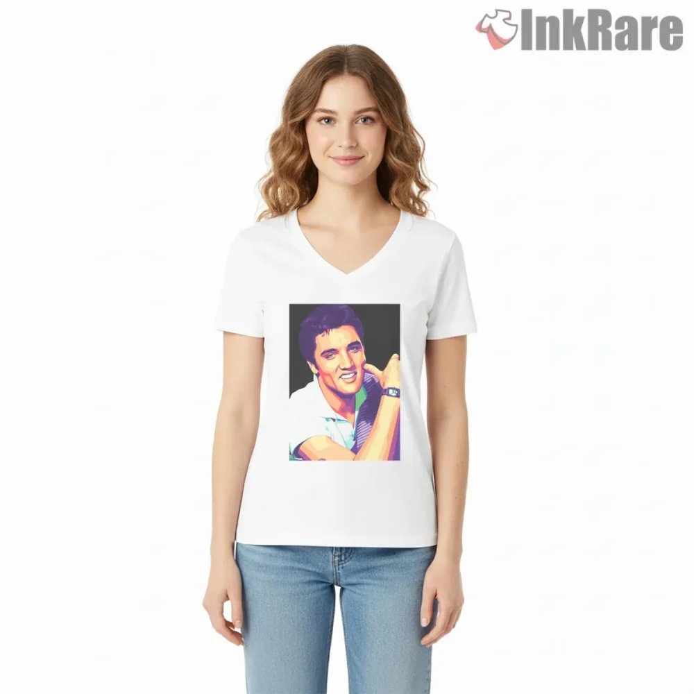 Elvis Presley Colorful Retro Smile Portrait Shirt on white v-neck shirt for women graphic tee