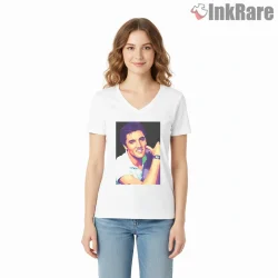 Elvis Presley Colorful Retro Smile Portrait Shirt on white v-neck shirt for women graphic tee