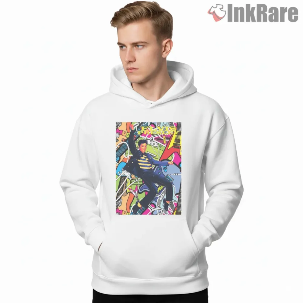 Elvis Presley Colorful Rock And Roll Action Shirt on white hoodie for men graphic tee