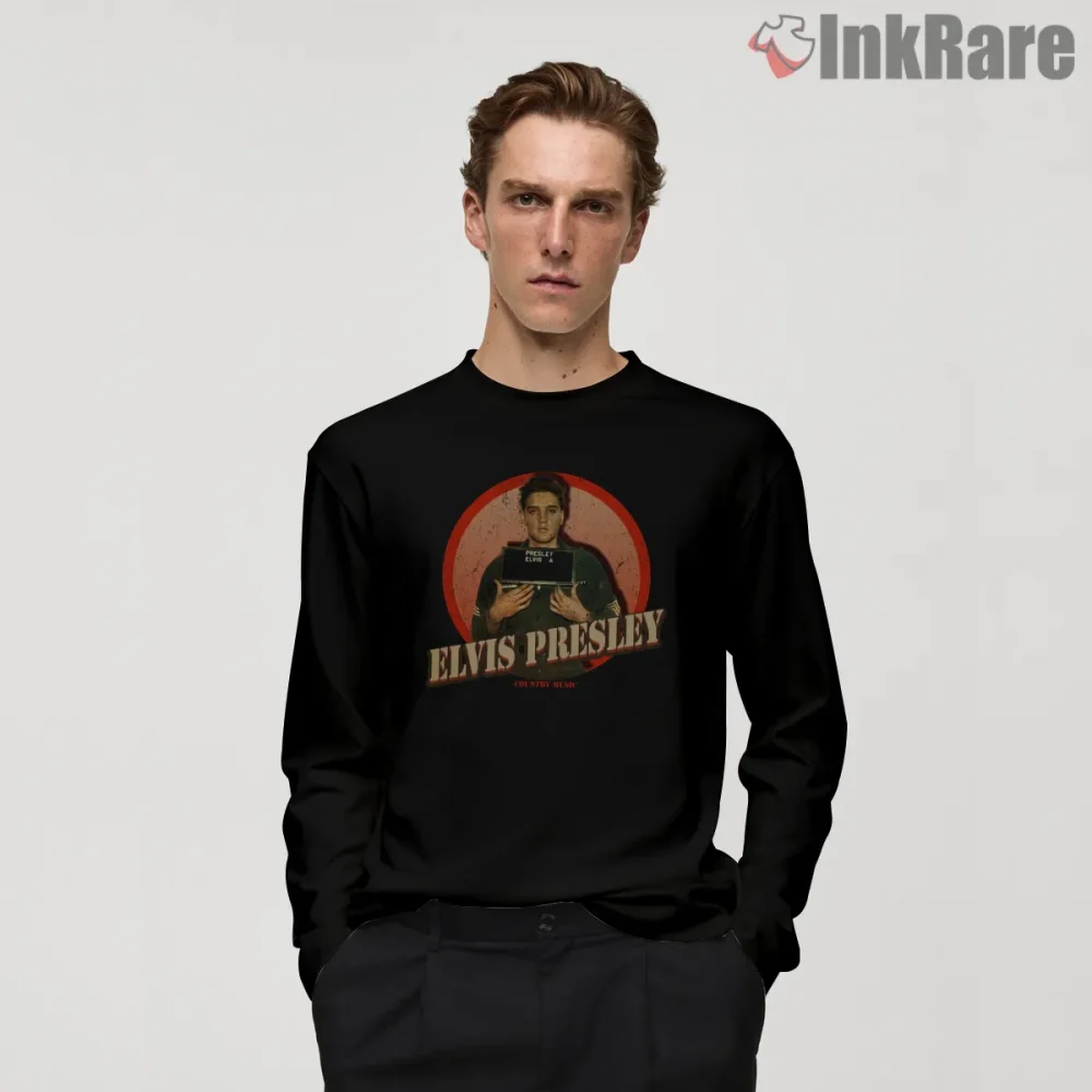 Elvis Presley Country Music Mugshot Poster Shirt on black long sleeve shirt for men graphic tee