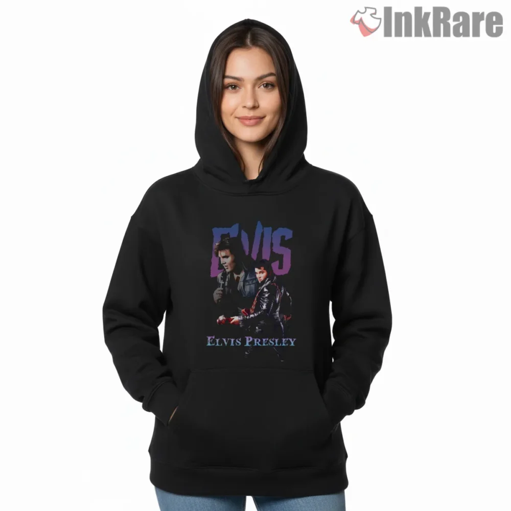 Elvis Presley Dual Pose Neon Stage Shirt on black hoodie for women graphic tee