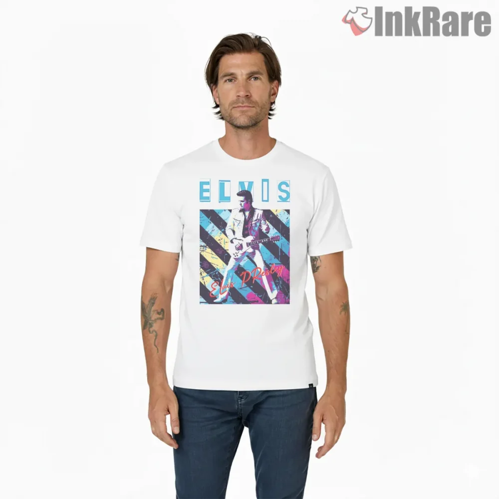 Elvis Presley Eighties Pastel Stage Shirt on white short sleeve shirt for men graphic tee