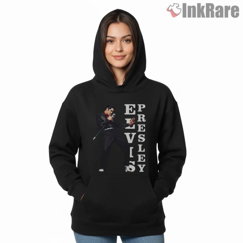 Elvis Presley Eighties Vector Stage Pose Shirt on black hoodie for women graphic tee