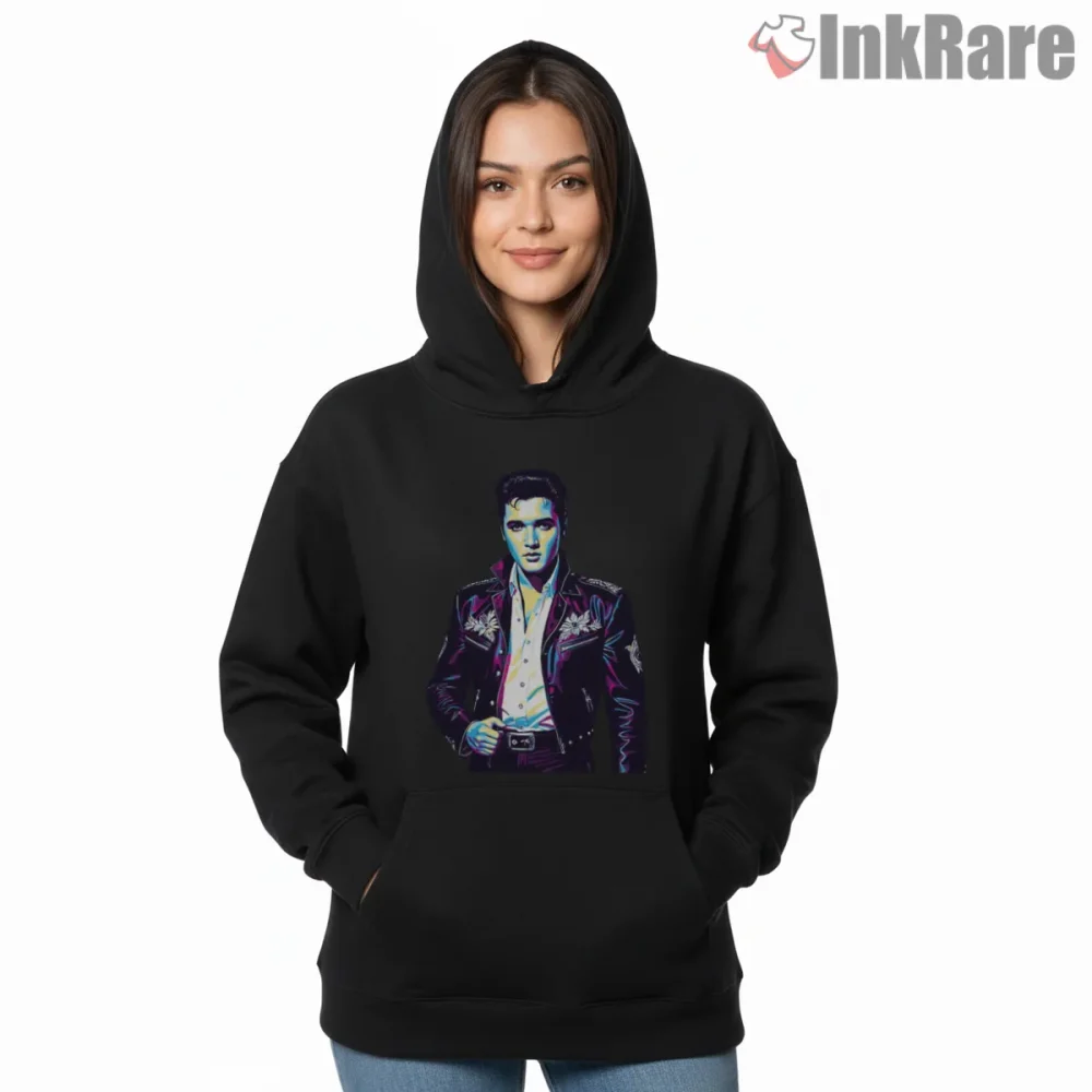 Elvis Presley Electric Leather Retro Portrait Shirt on black hoodie for women graphic tee
