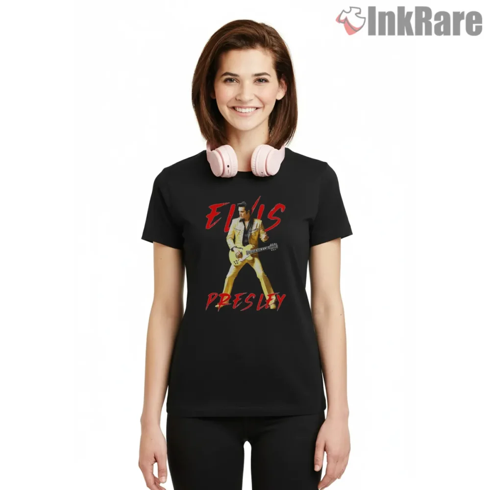 Elvis Presley Gold Suit Pop Art Stage Shirt on black short sleeve shirt for women graphic tee