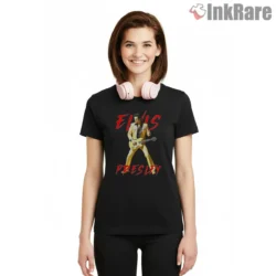 Elvis Presley Gold Suit Pop Art Stage Shirt on black short sleeve shirt for women graphic tee