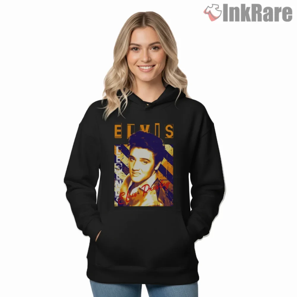Elvis Presley Golden Retro Portrait Shirt on black hoodie for women graphic tee