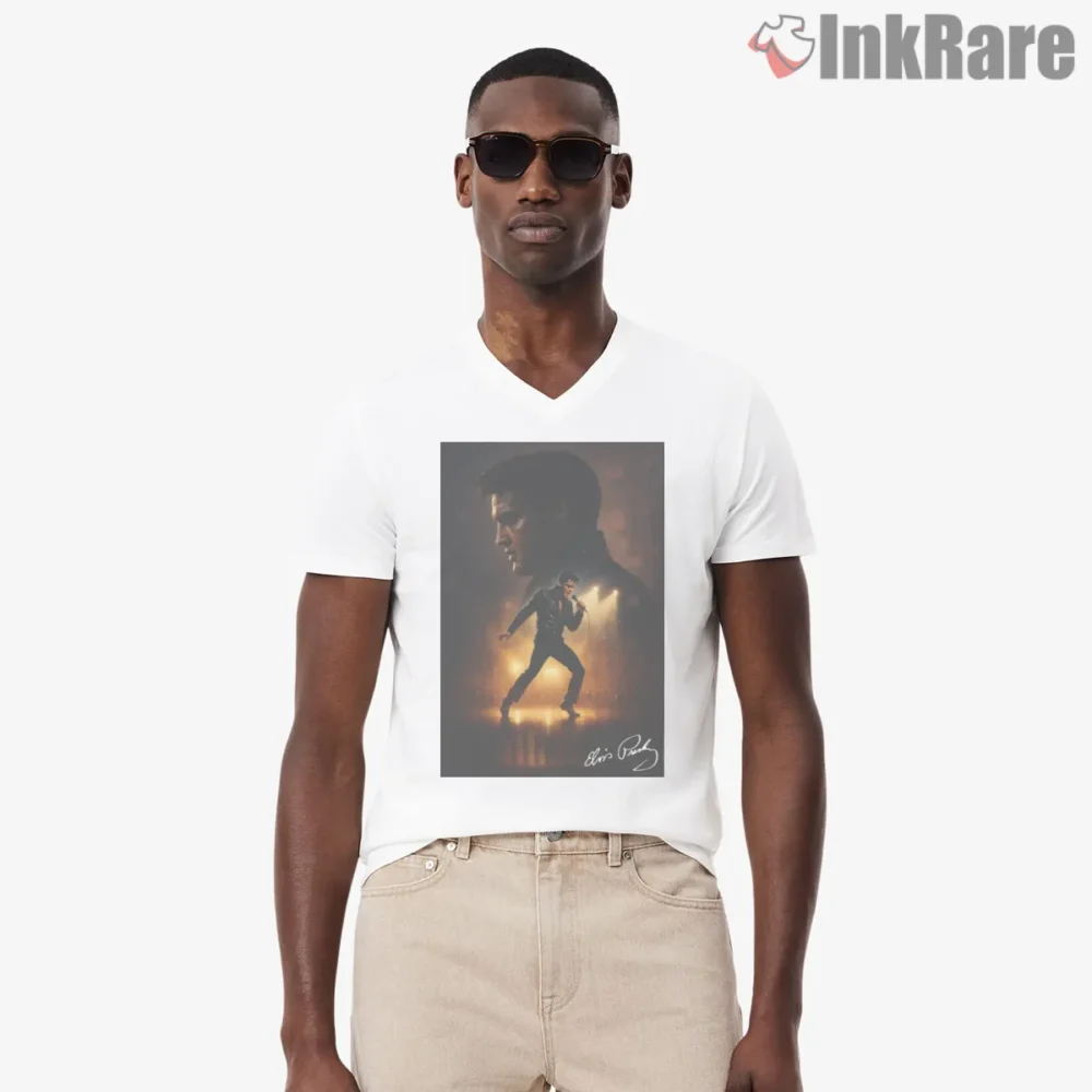 Elvis Presley Golden Spotlight Vintage Scene Shirt on white v-neck shirt for men graphic tee