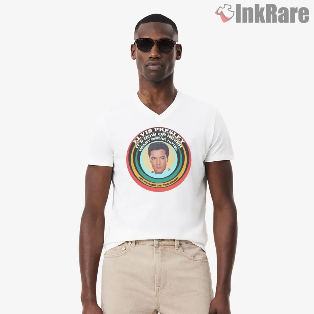 Elvis Presley Heartbreak Hotel Retro Record Shirt on white v-neck shirt for men graphic tee
