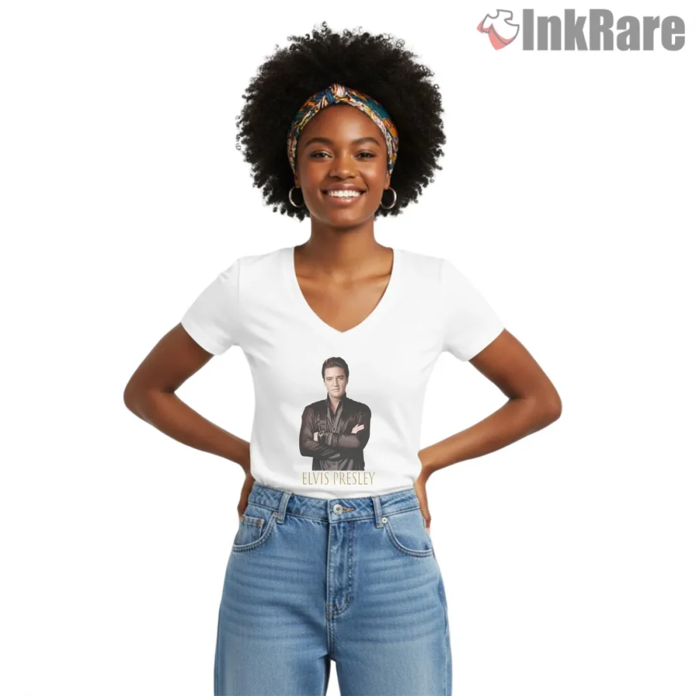 Elvis Presley Iconic Black Jacket Portrait Shirt on white v-neck shirt for women graphic tee