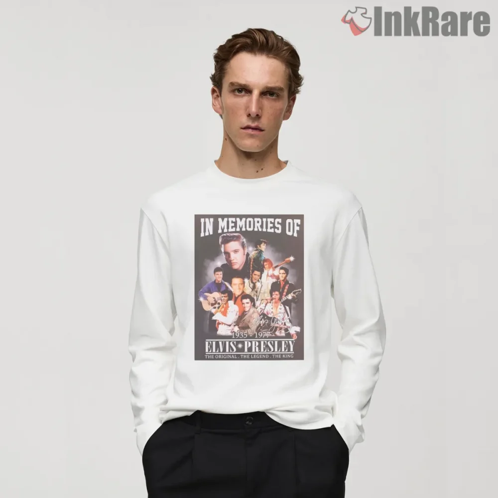 Elvis Presley In Loving Memory Tribute Collage Shirt on white long sleeve shirt for men graphic tee