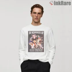 Elvis Presley In Loving Memory Tribute Collage Shirt on white long sleeve shirt for men graphic tee