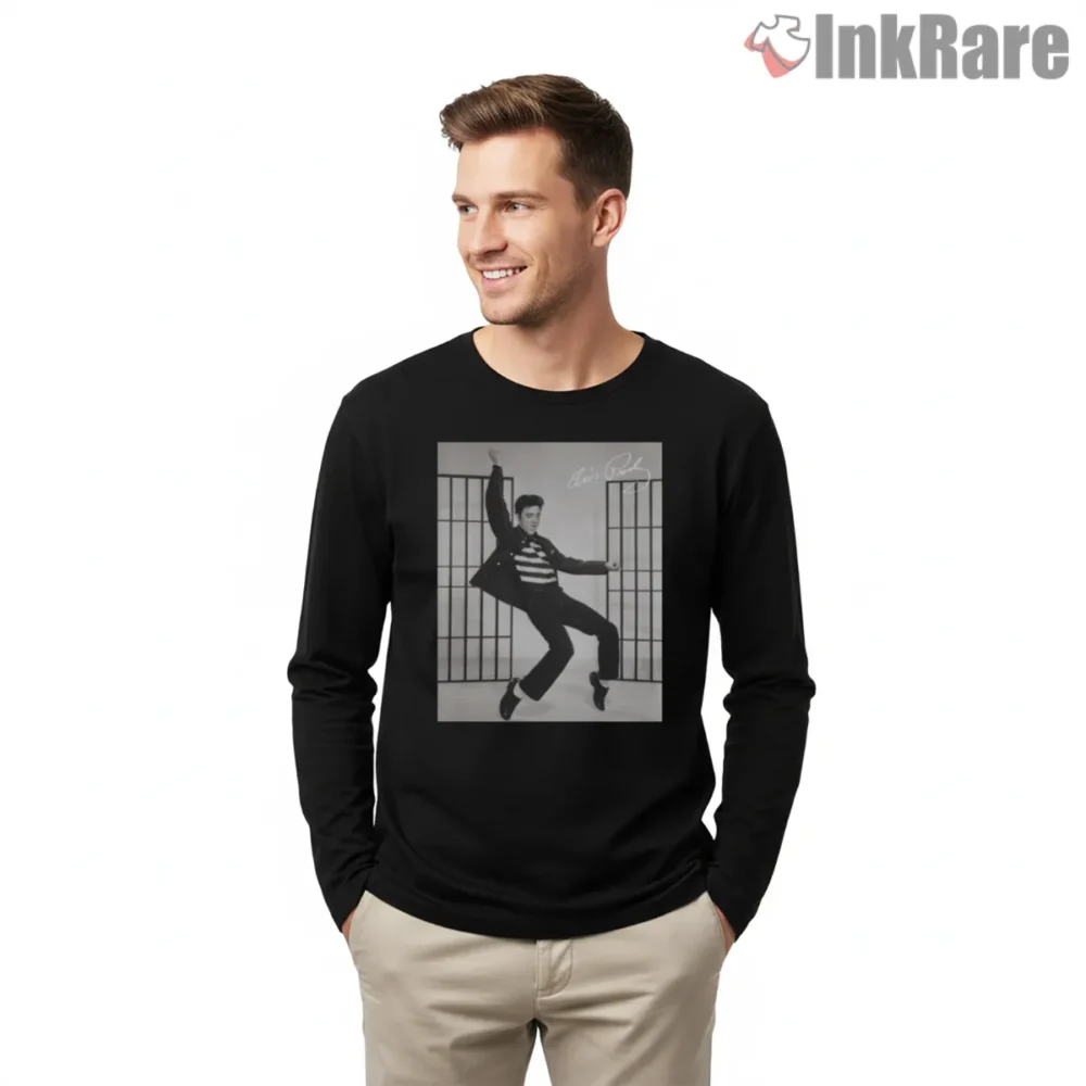 Elvis Presley Jailhouse Rock Dance Pose Shirt on black long sleeve shirt for men graphic tee