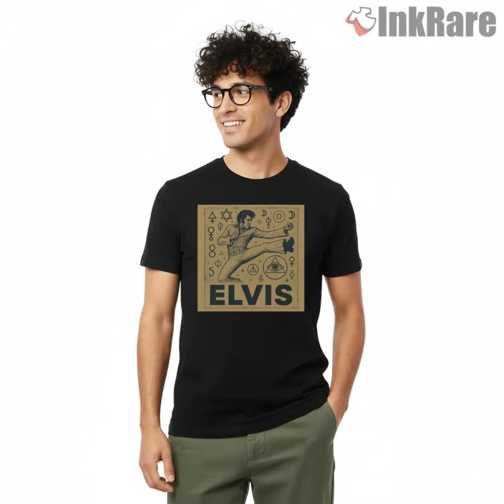 Elvis Presley King Of Karate Tribute Shirt on black short sleeve shirt for men graphic tee