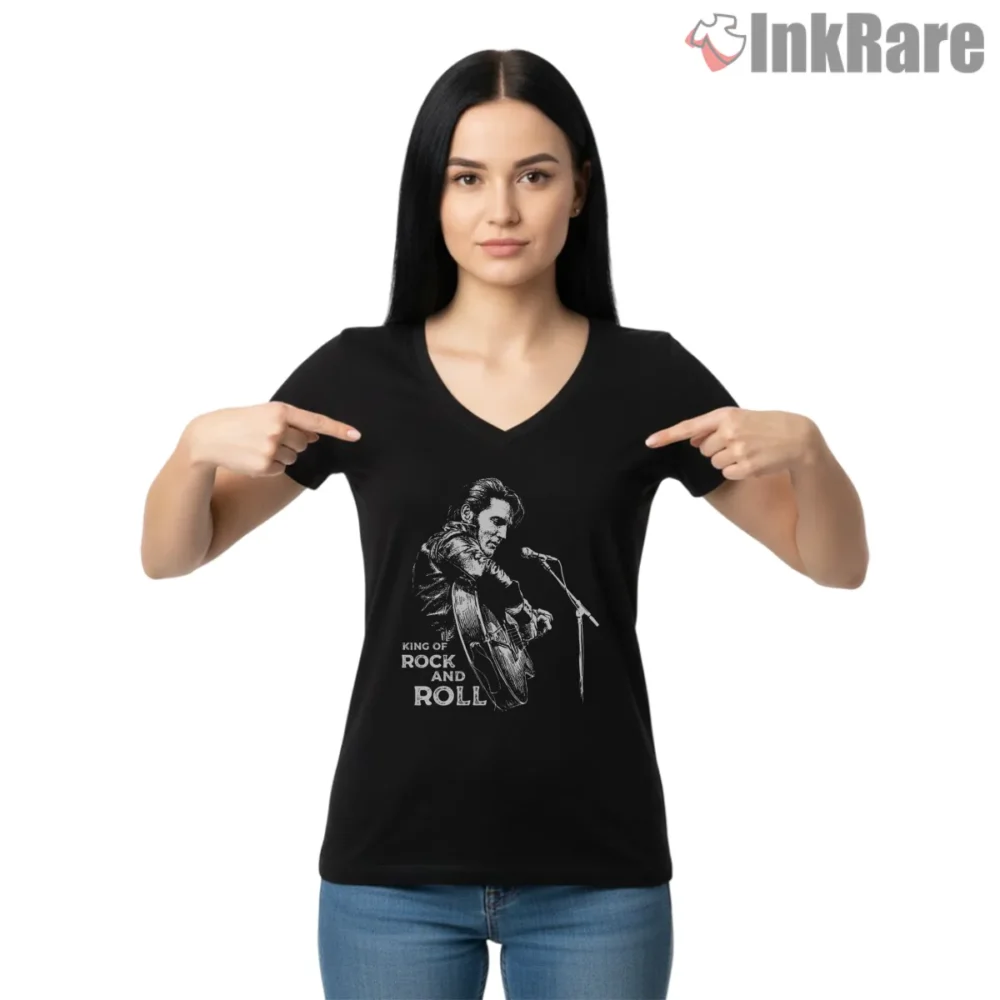 Elvis Presley King Of Rock And Roll Vintage Shirt on black v-neck shirt for women graphic tee