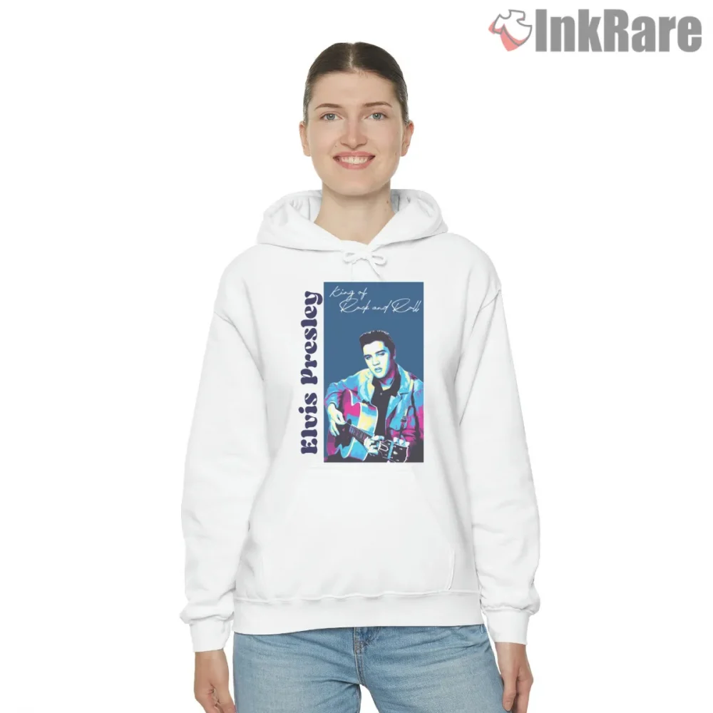 Elvis Presley King Of Rock Blue Guitar Shirt on white hoodie for women graphic tee