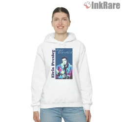 Elvis Presley King Of Rock Blue Guitar Shirt on white hoodie for women graphic tee