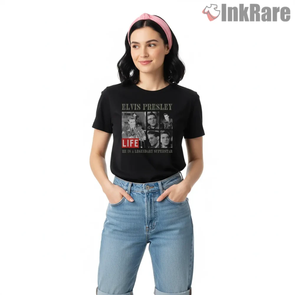 Elvis Presley Legendary Band Life Magazine Shirt on black short sleeve shirt for women graphic tee