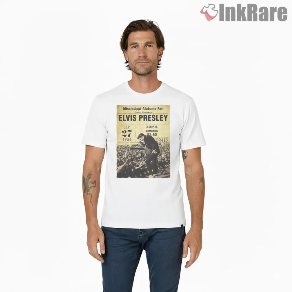 Elvis Presley Mississippi Fair Concert Poster Shirt on white short sleeve shirt for men graphic tee
