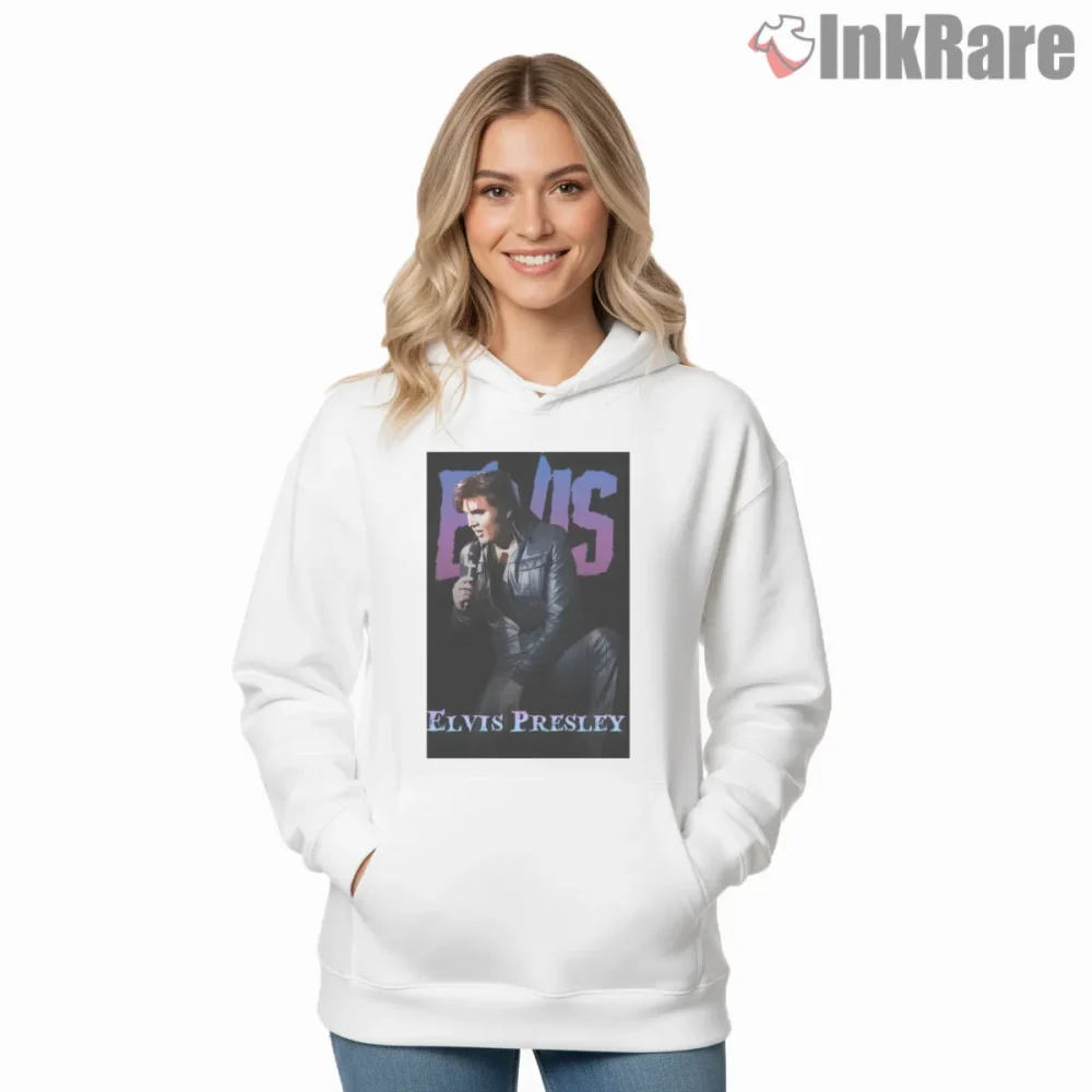 Elvis Presley Moody Stage Portrait Shirt on white hoodie for women graphic tee