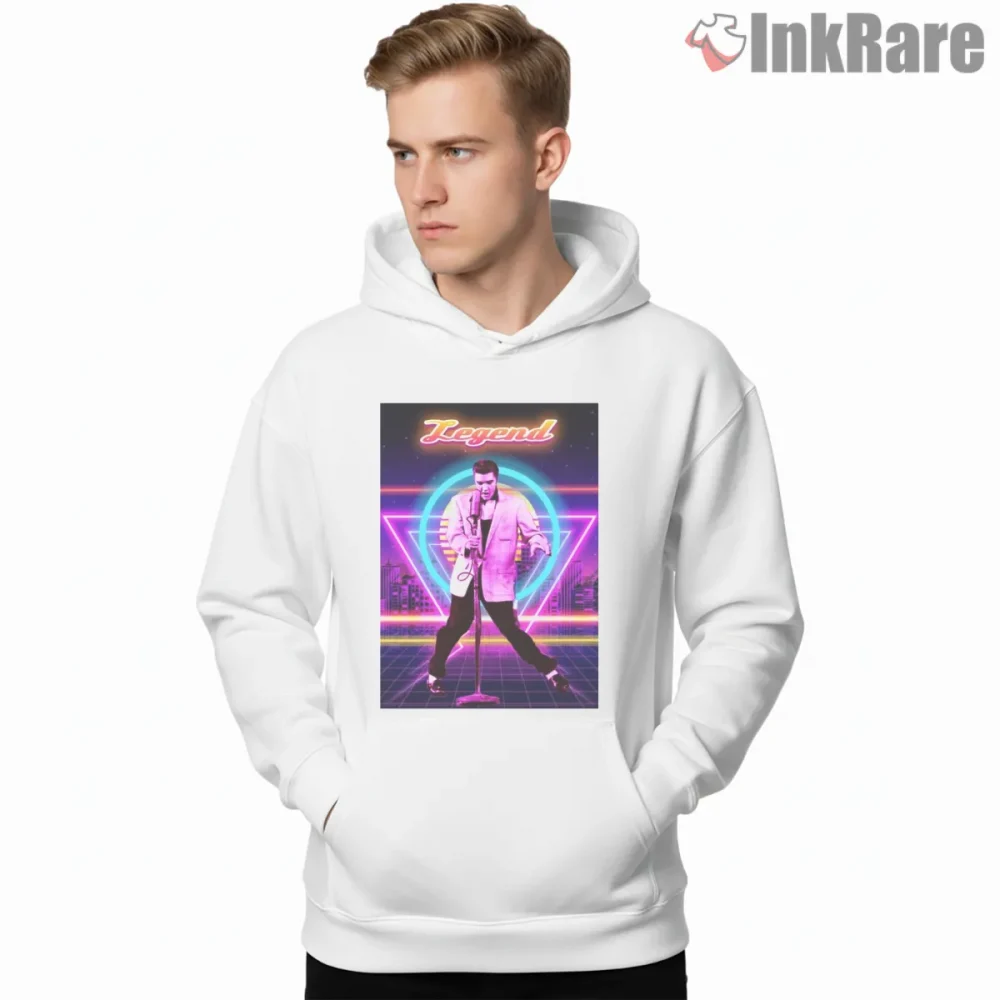 Elvis Presley Neon Legend Stage Shirt on white hoodie for men graphic tee