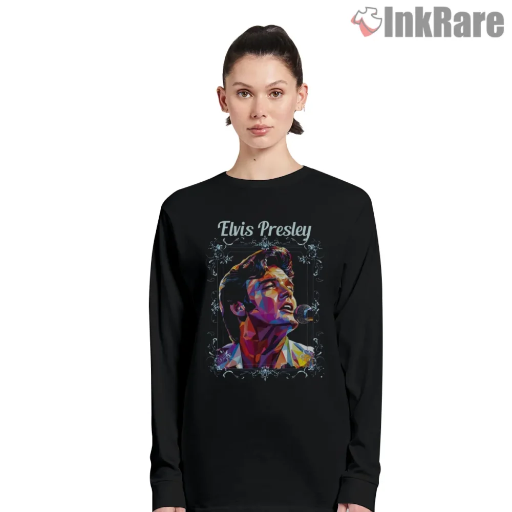 Elvis Presley Neon Microphone Fan Art Shirt on black long sleeve shirt for women graphic tee