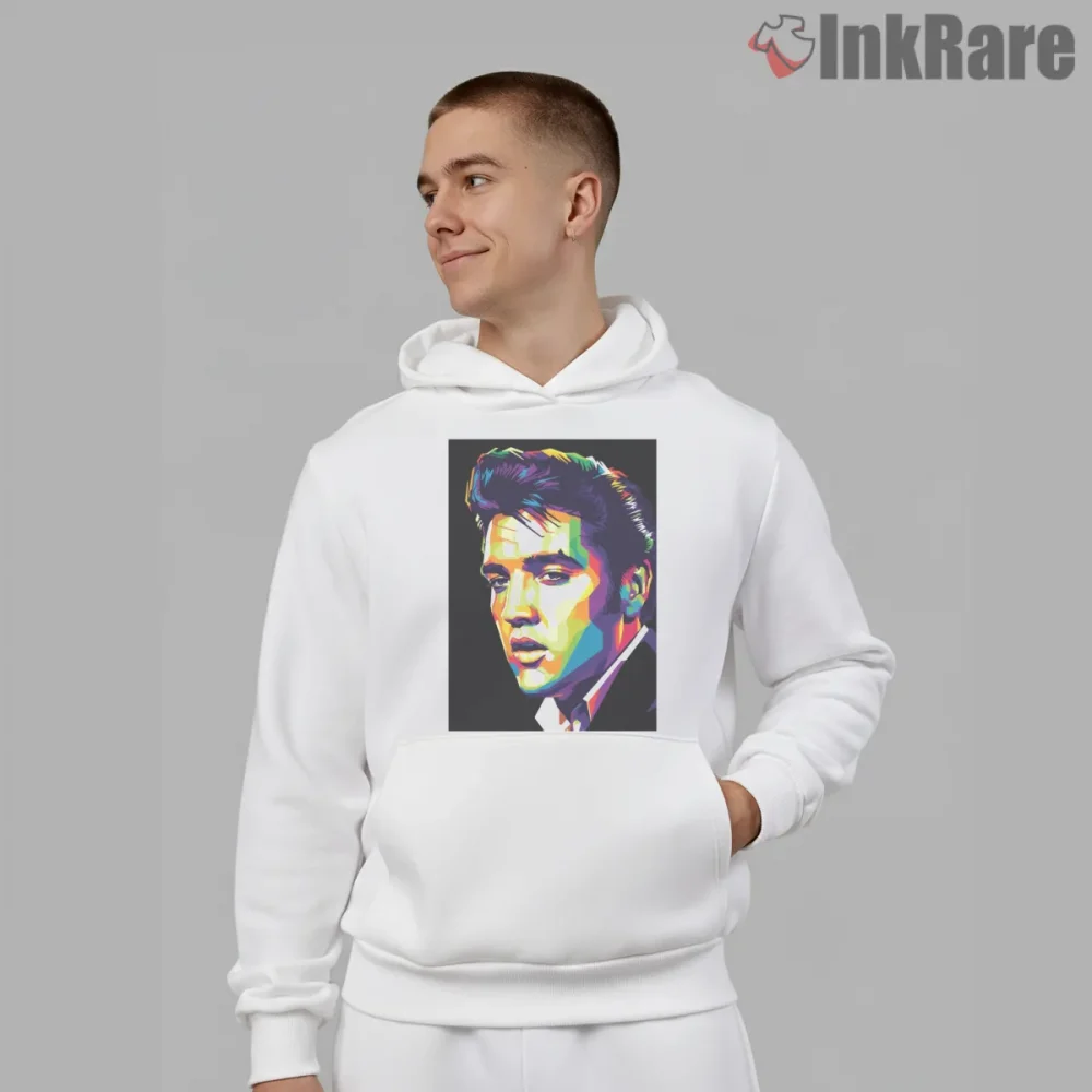 Elvis Presley Neon Pop Art Face Shirt on white hoodie for men graphic tee