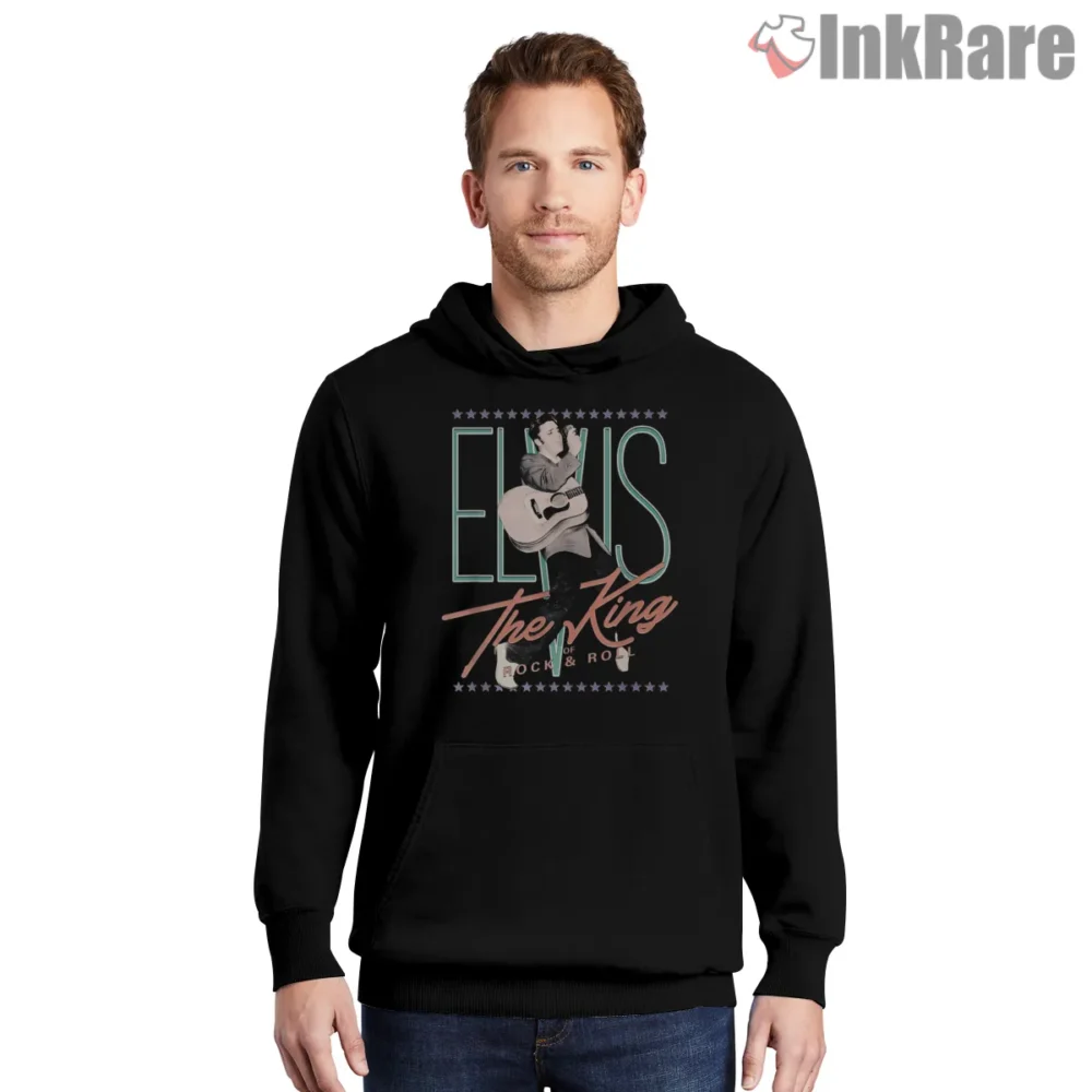 Elvis Presley Neon Stage King Graphic Shirt on black hoodie for men graphic tee
