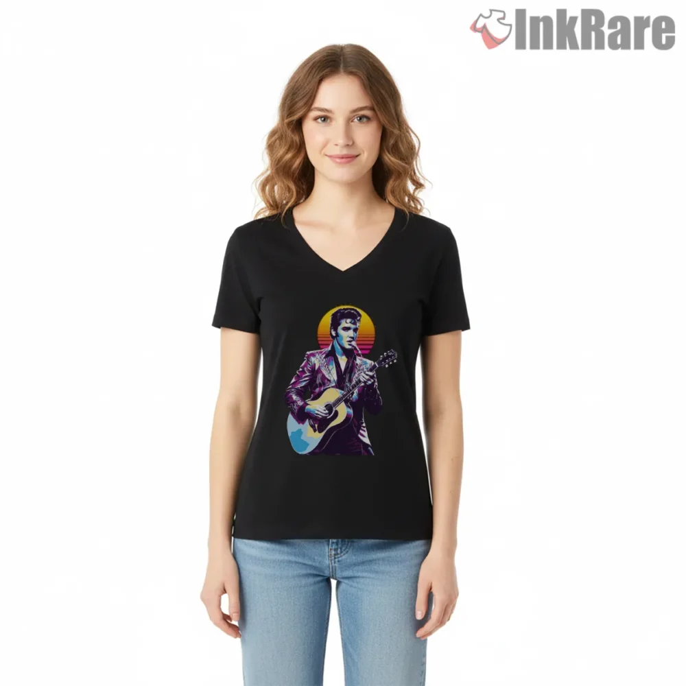 Elvis Presley Neon Sunset Retro Eighties Shirt on black v-neck shirt for women graphic tee