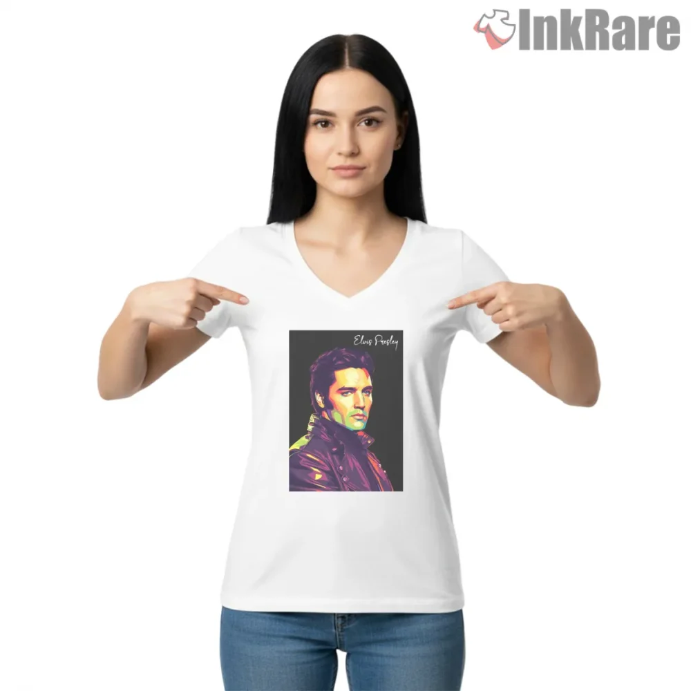 Elvis Presley Neon Wpap Portrait Shirt on white v-neck shirt for women graphic tee