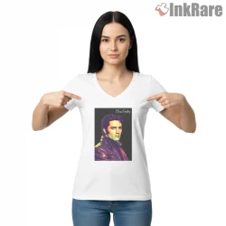 Elvis Presley Neon Wpap Portrait Shirt on white v-neck shirt for women graphic tee