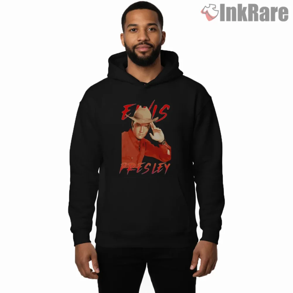 Elvis Presley Nineties Inspired Portrait Shirt on black hoodie for men graphic tee