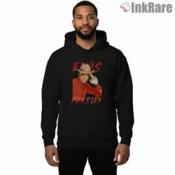 Elvis Presley Nineties Inspired Portrait Shirt on black hoodie for men graphic tee