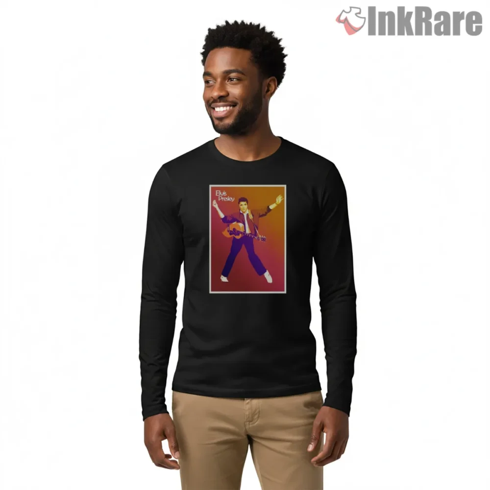 Elvis Presley Red Retro Dance Pose Shirt on black long sleeve shirt for men graphic tee