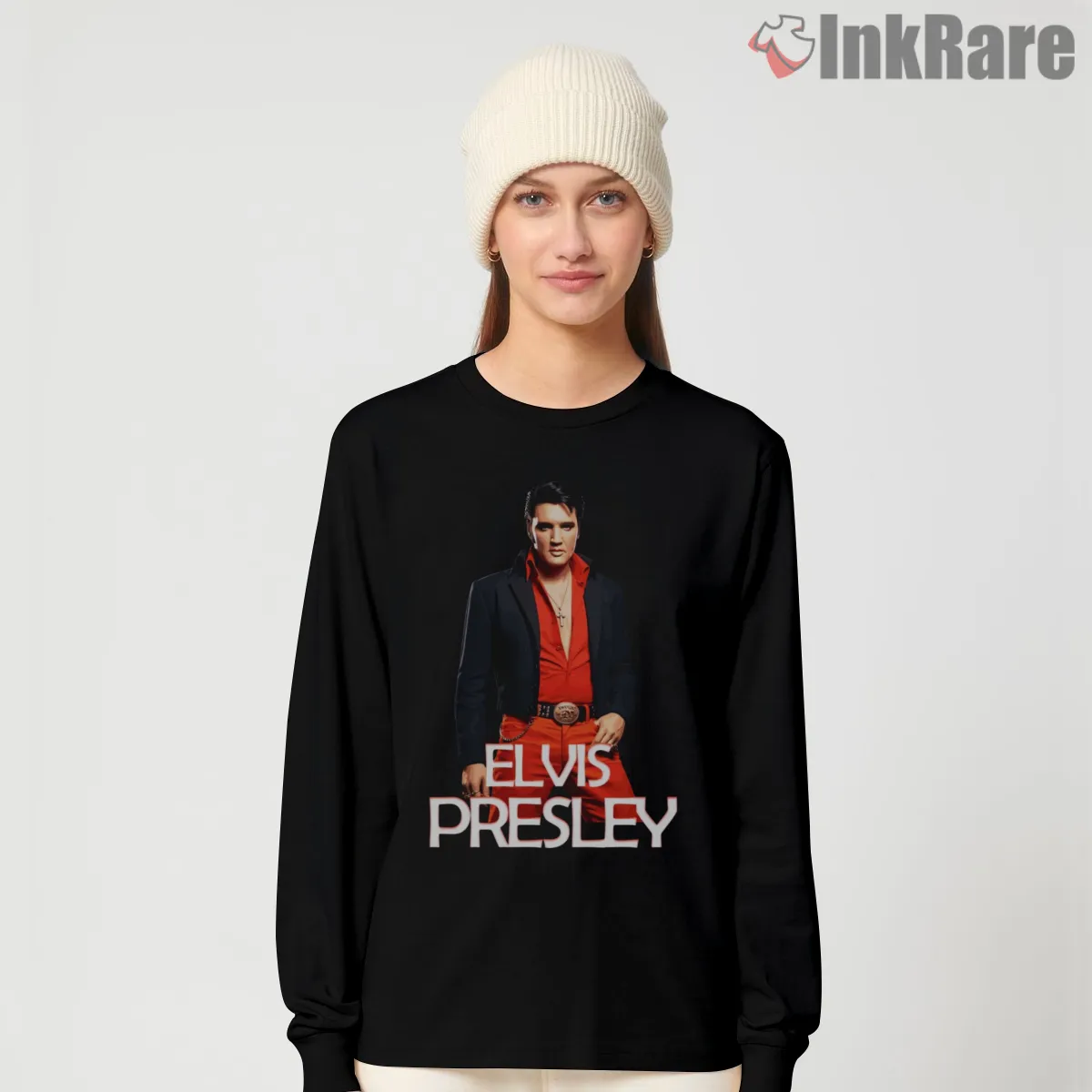 Elvis Presley Red Shirt Studio Portrait Art Shirt on black long sleeve shirt for women graphic tee