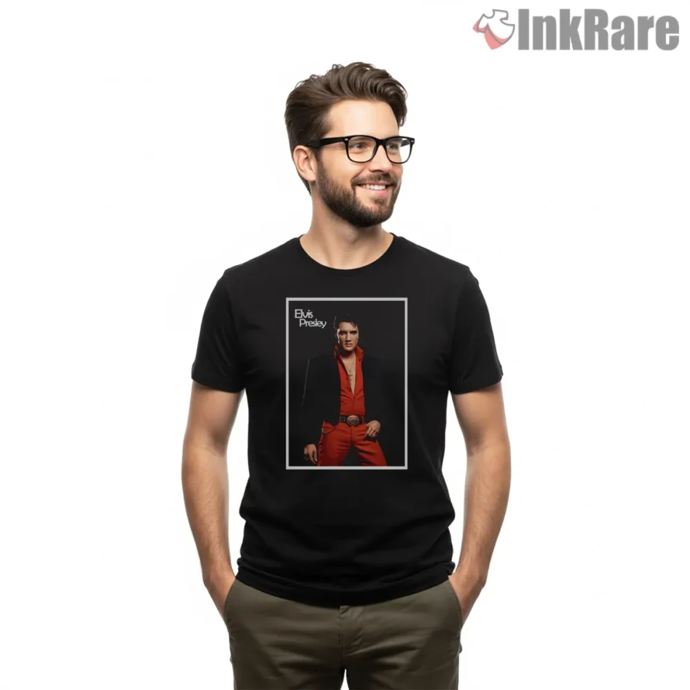 Elvis Presley Red Suit Studio Portrait Shirt on black short sleeve shirt for men graphic tee