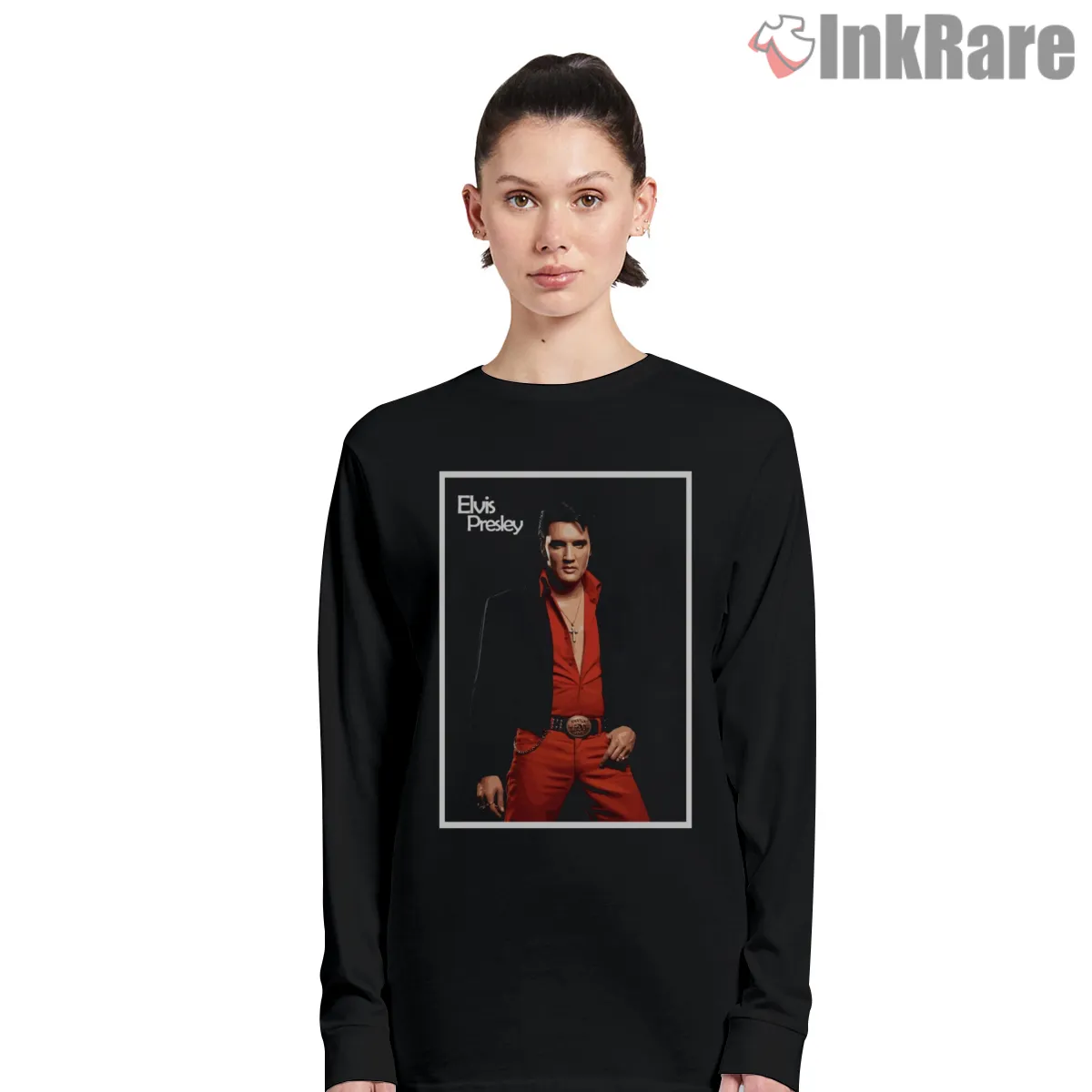 Elvis Presley Red Suit Studio Portrait Shirt on black long sleeve shirt for women graphic tee