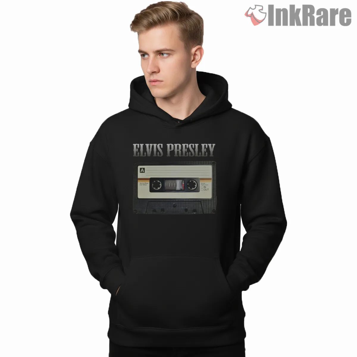 Elvis Presley Retro Audio Cassette Shirt on black hoodie for men graphic tee