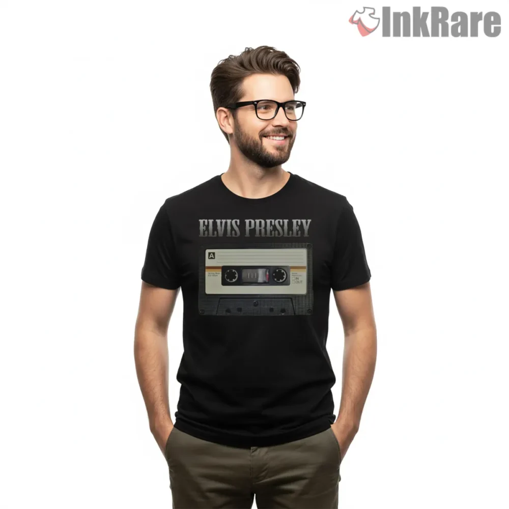 Elvis Presley Retro Audio Cassette Shirt on black short sleeve shirt for men graphic tee