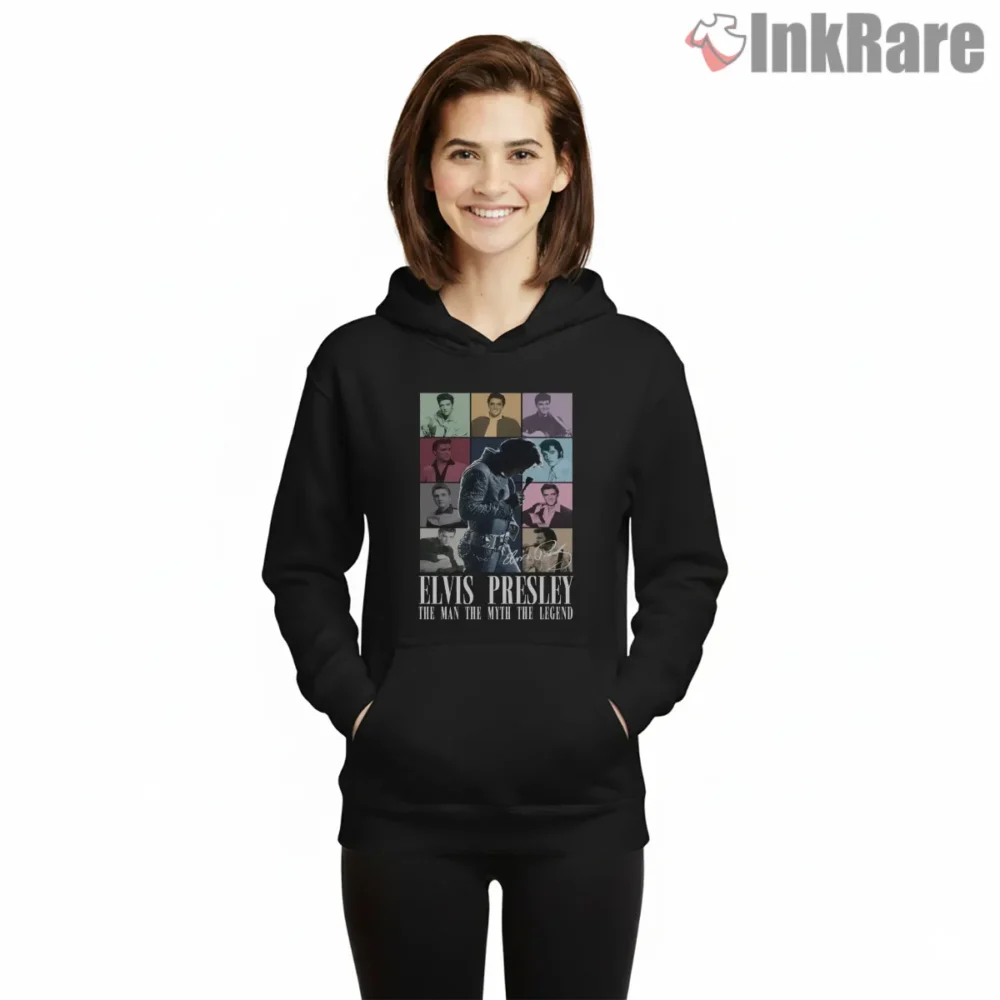 Elvis Presley Retro Era Legendary Collage Shirt on black hoodie for women graphic tee