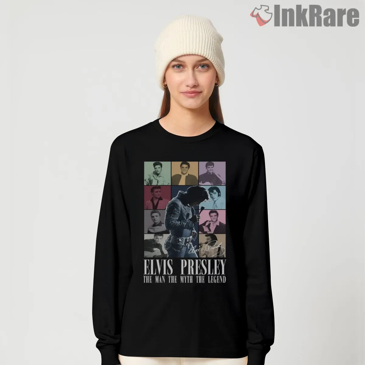 Elvis Presley Retro Era Legendary Collage Shirt on black long sleeve shirt for women graphic tee