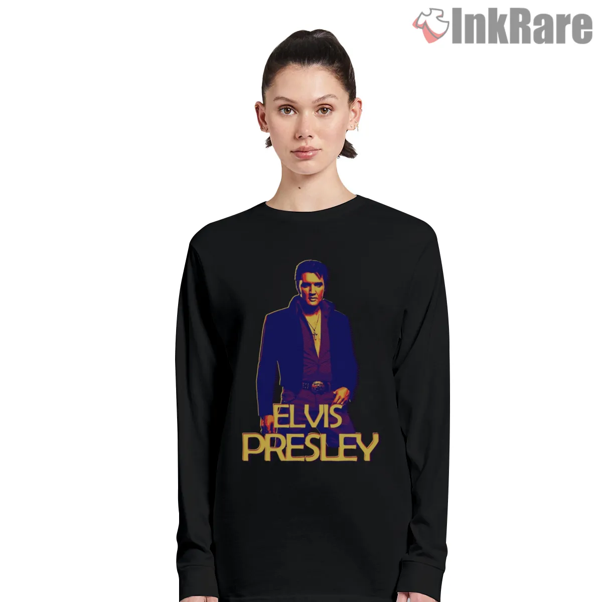 Elvis Presley Retro Framed Graphic Art Shirt on black long sleeve shirt for women graphic tee