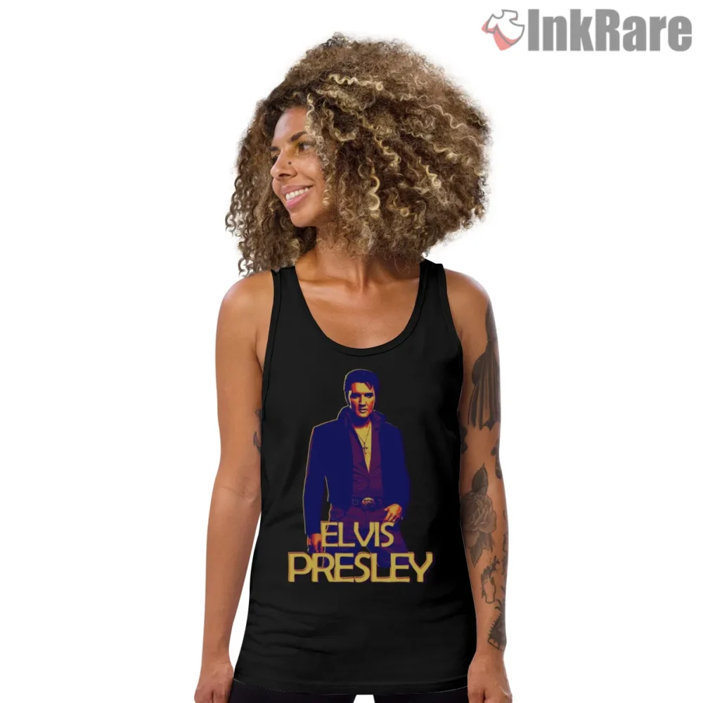 Elvis Presley Retro Framed Graphic Art Shirt on black tank top for women graphic tee