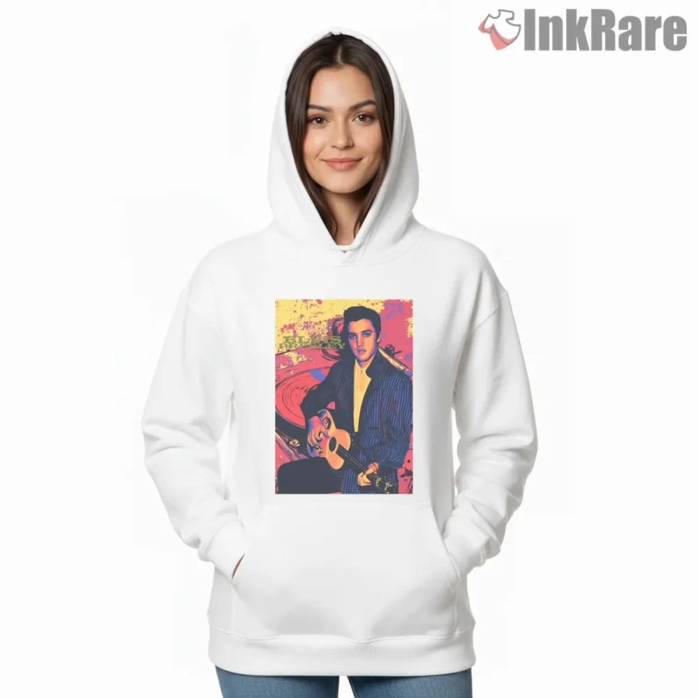 Elvis Presley Retro Guitar Session Shirt on white hoodie for women graphic tee