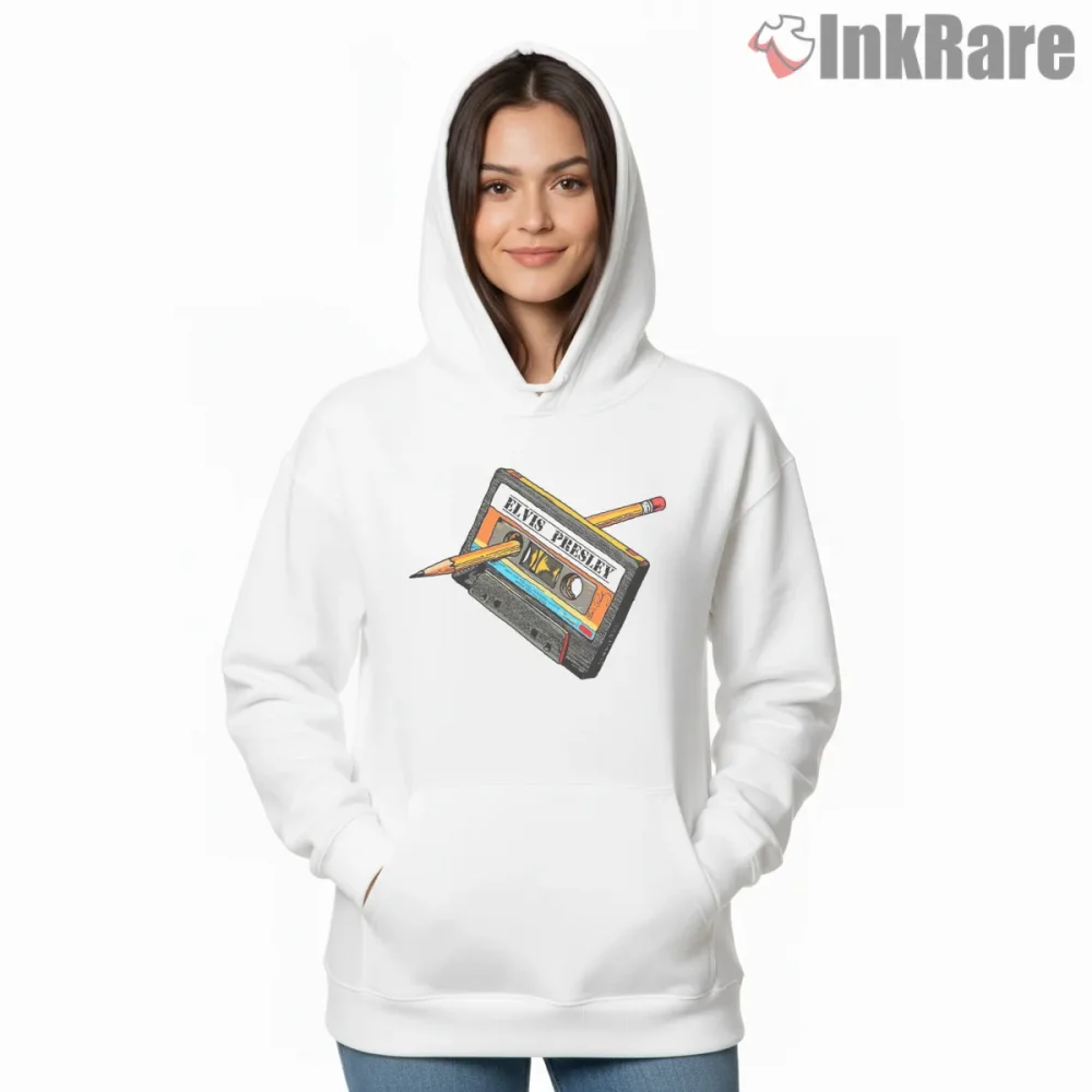 Elvis Presley Retro Mixtape Cassette Shirt on white hoodie for women graphic tee