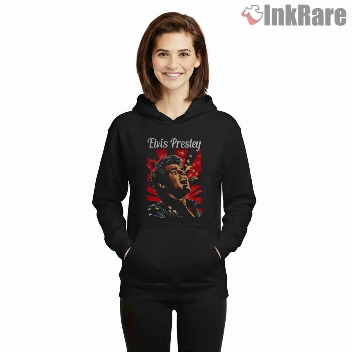 Elvis Presley Retro Star Spotlight Hoodie Black Elvis Presley Retro Star Spotlight Shirt on black hoodie for women graphic tee