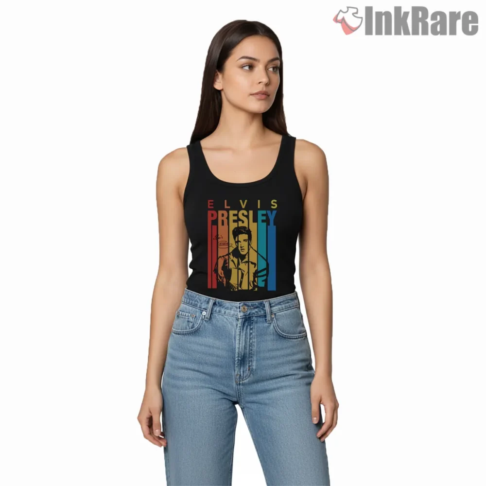 Elvis Presley Retro Stripe Panel Art Shirt on black tank top for women graphic tee