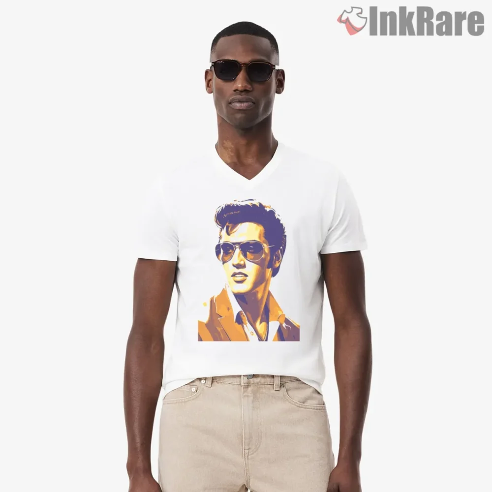 Elvis Presley Retro Sunglasses Portrait Shirt on white v-neck shirt for men graphic tee